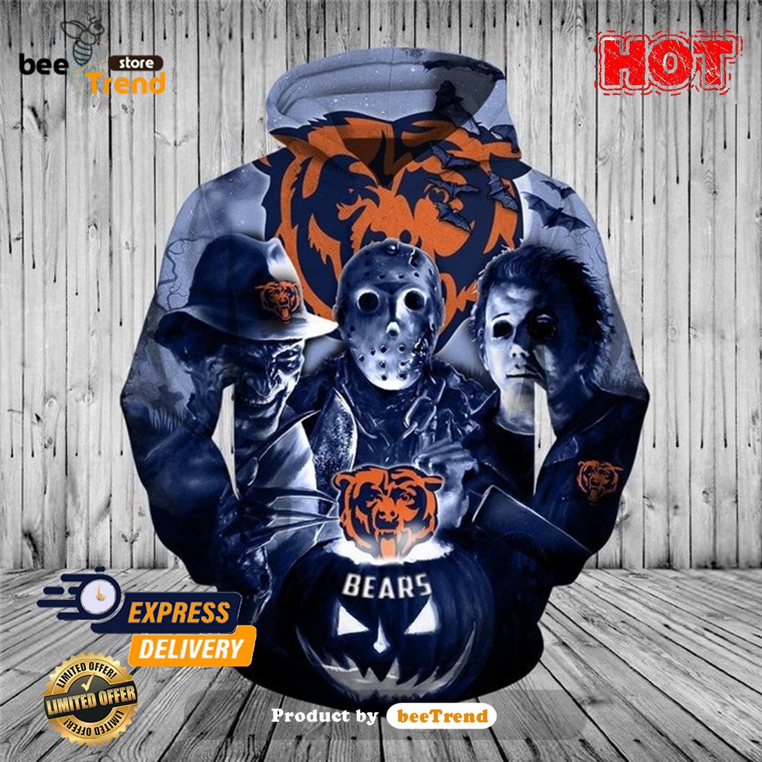 18% OFF Chicago Bears Hoodies 3D Halloween Horror Night Sweatshirt