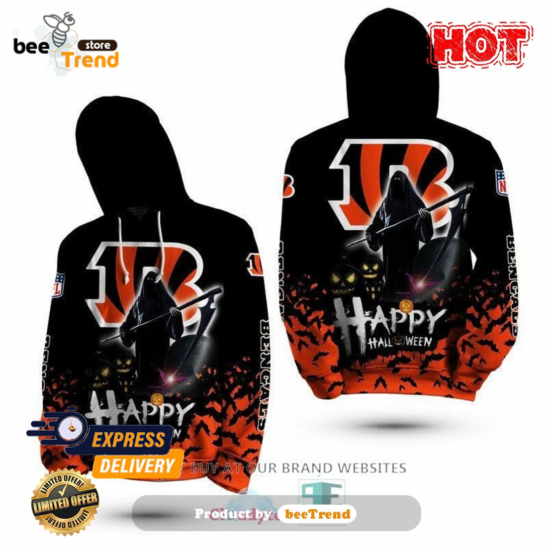 Custom Name Cincinnati Bengals Skull Print 3D Hoodie Halloween