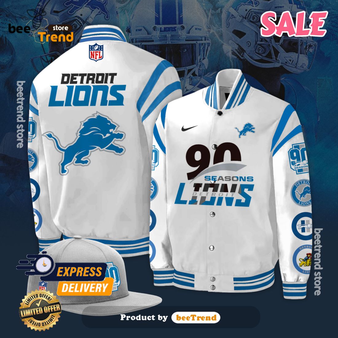 Men's Detroit Lions 90th Year Custom Football Jersey -   Worldwide Shipping